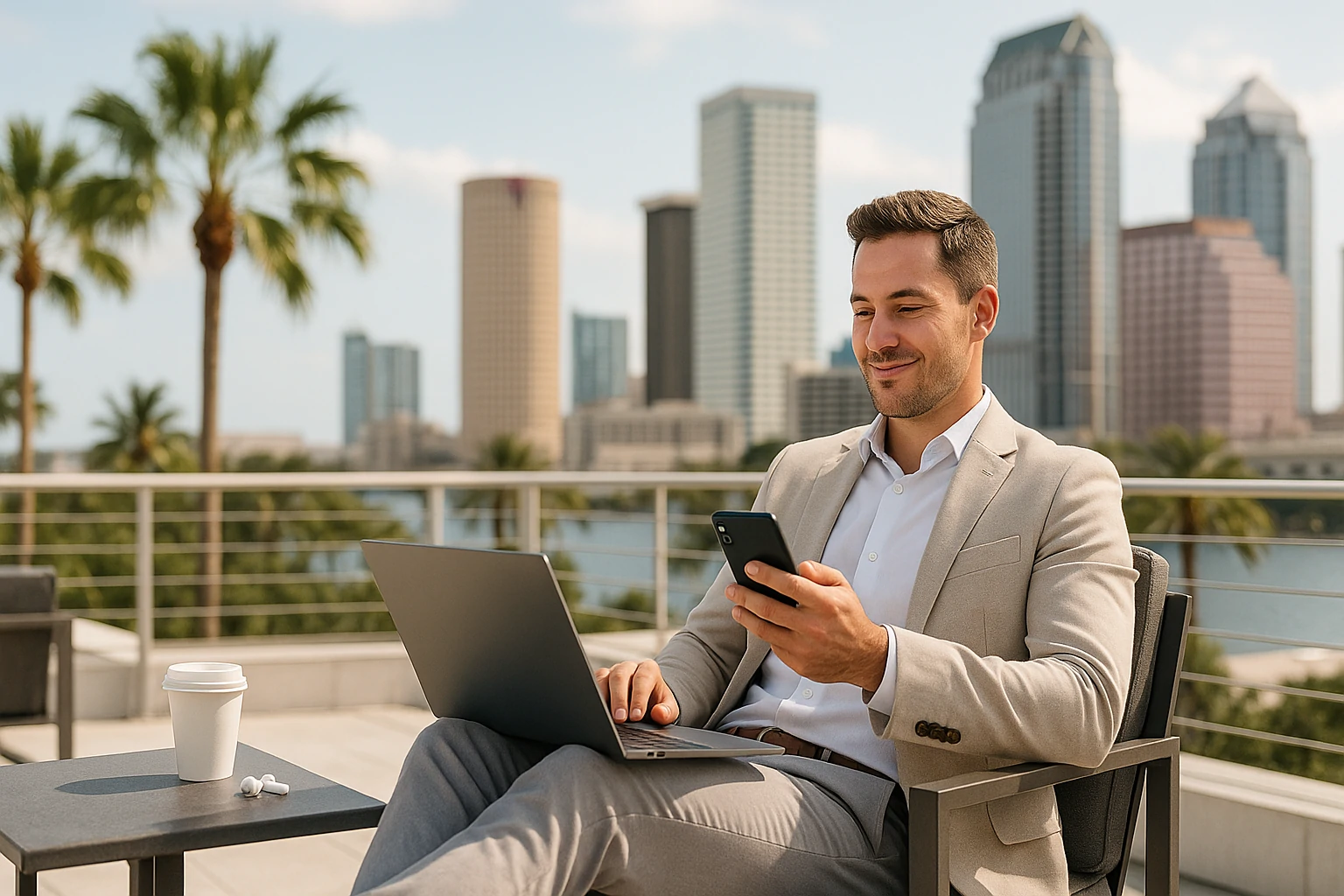 Hombre De Negocios Usando Laptop Y Celular En Terraza Con Rascacielos Y Palmeras Al Fondo