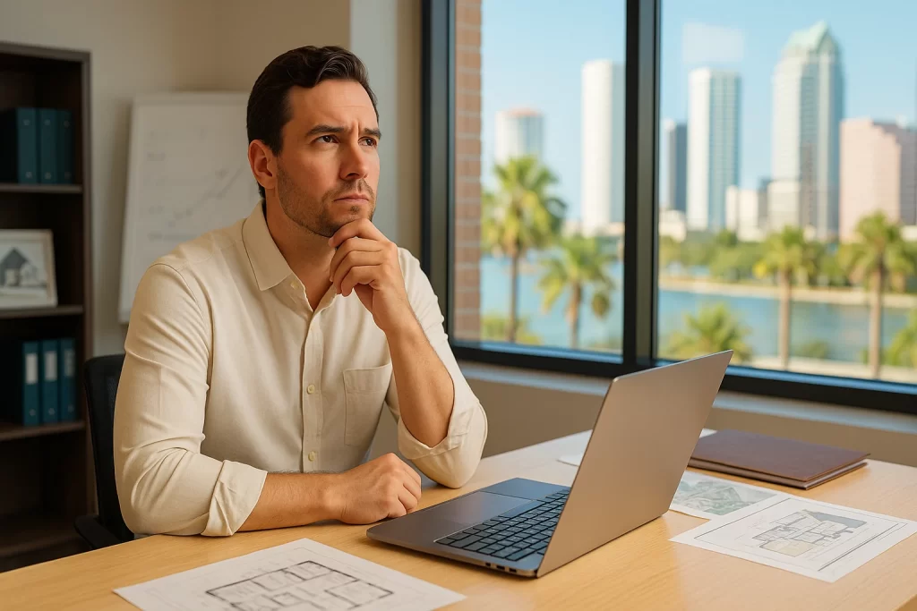Hombre Joven Pensativo Frente A Un Portatil Revisando Planos De Arquitectura En Una Oficina Con Vista A La Ciudad