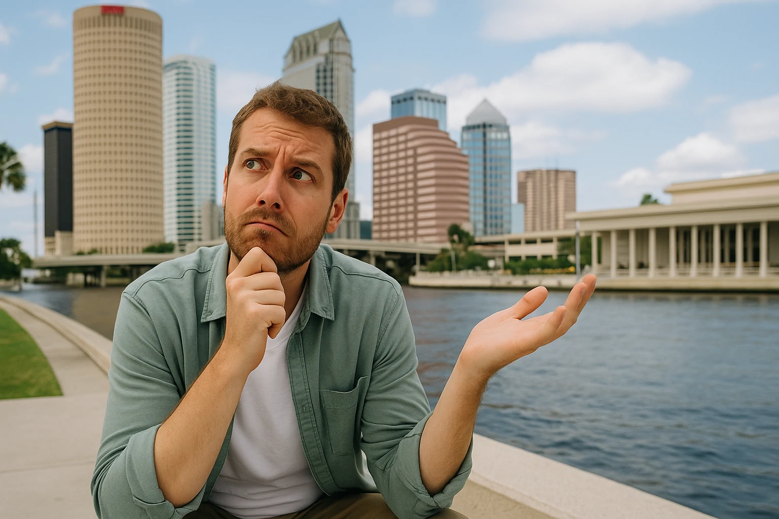 Hombre Pensativo Con Gesto De Duda Sentado Junto A Un Rio Con Edificios Altos Al Fondo