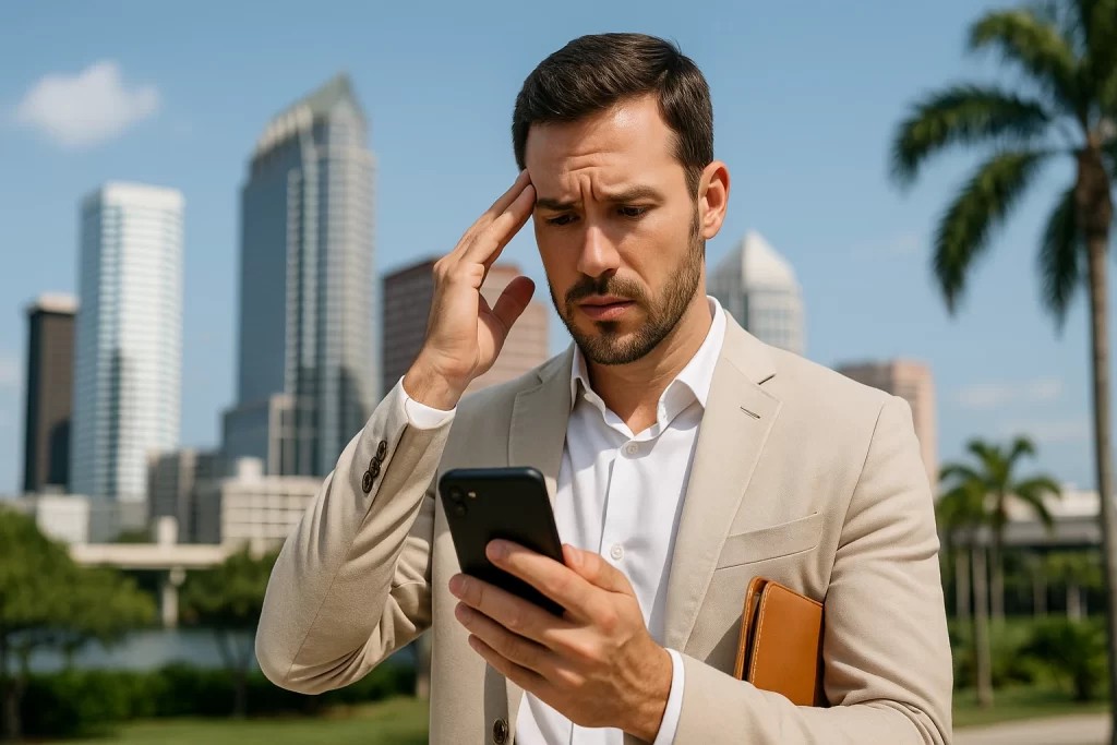Hombre Preocupado Mirando Su Celular Mientras Sostiene Una Carpeta En Un Entorno Urbano Con Rascacielos Y Palmeras