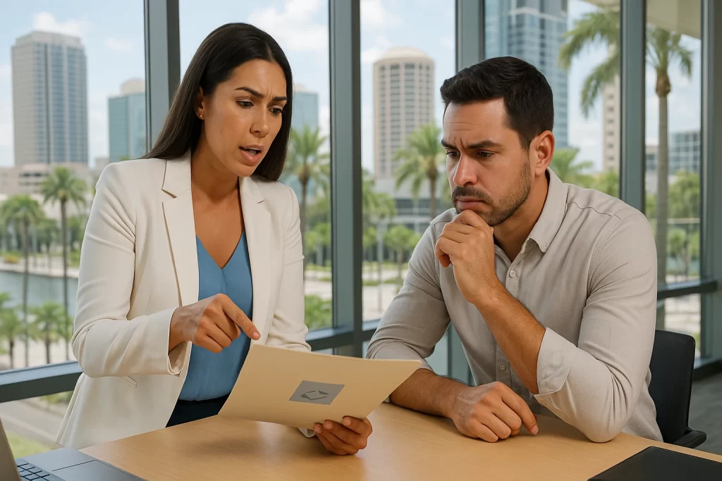 Mujer Mostrando Documento A Colega Mientras Discuten En Una Reunion En Oficina Con Ventanales Y Vista Urbana