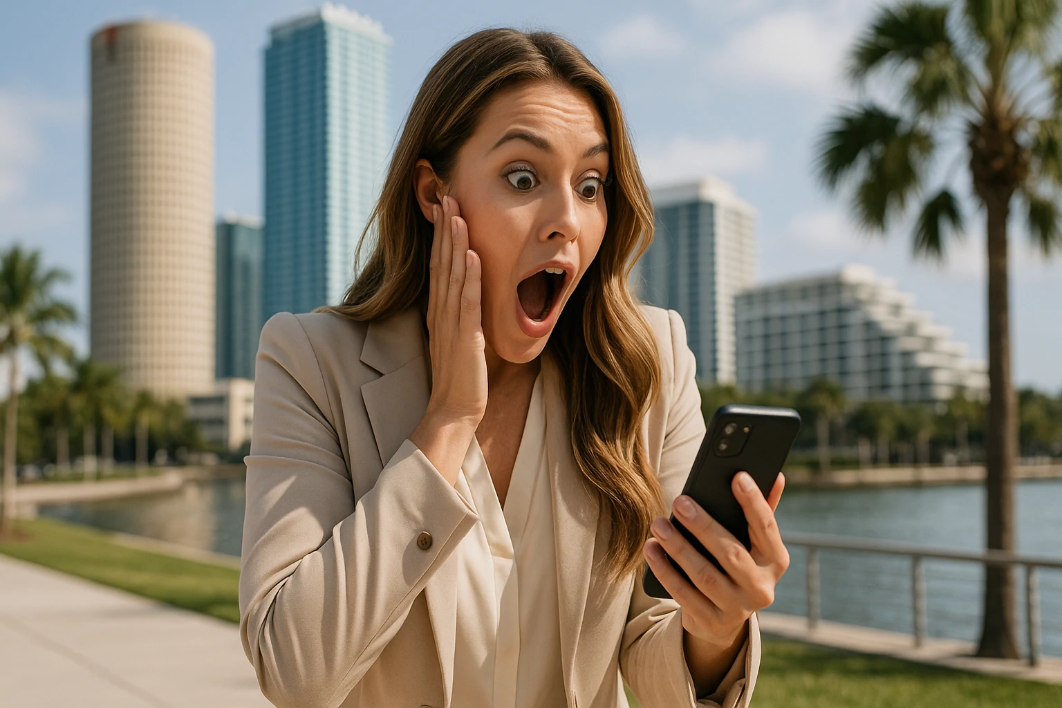 Mujer Sorprendida Mirando Su Celular Al Aire Libre Con Rascacielos Y Palmeras De Fondo